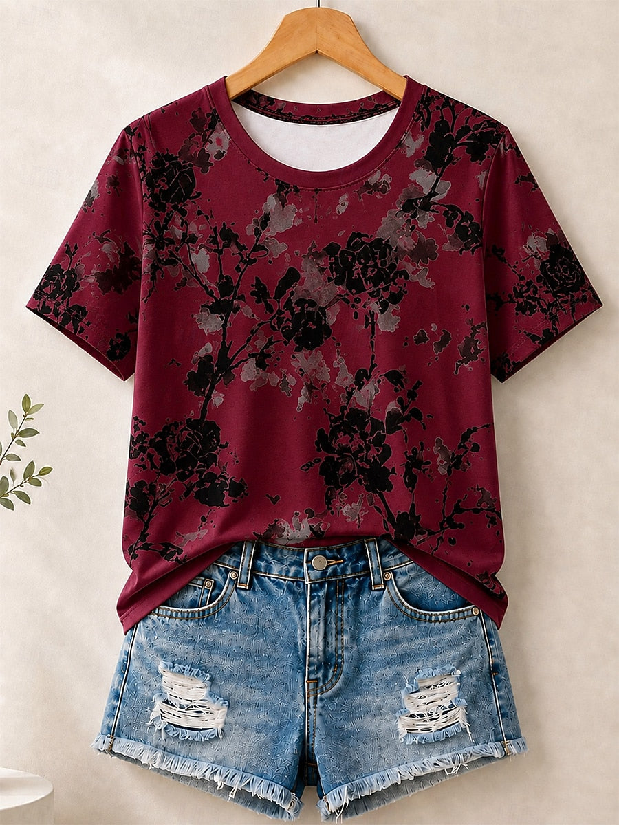 Ink Wash Botanical Blossoms Allover Print women's cotton tee - Blue