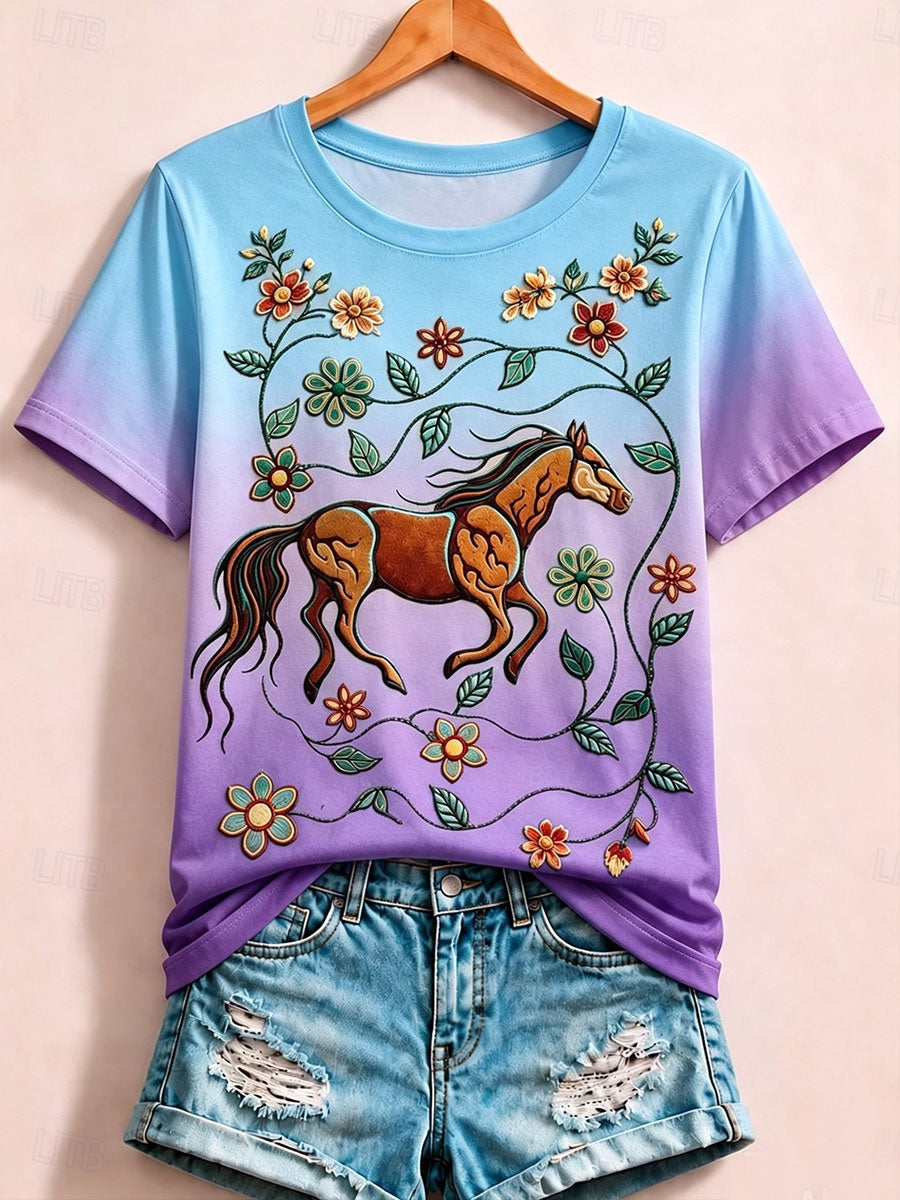 Horses Among Wildflowers - Nature Story Cotton Tee
