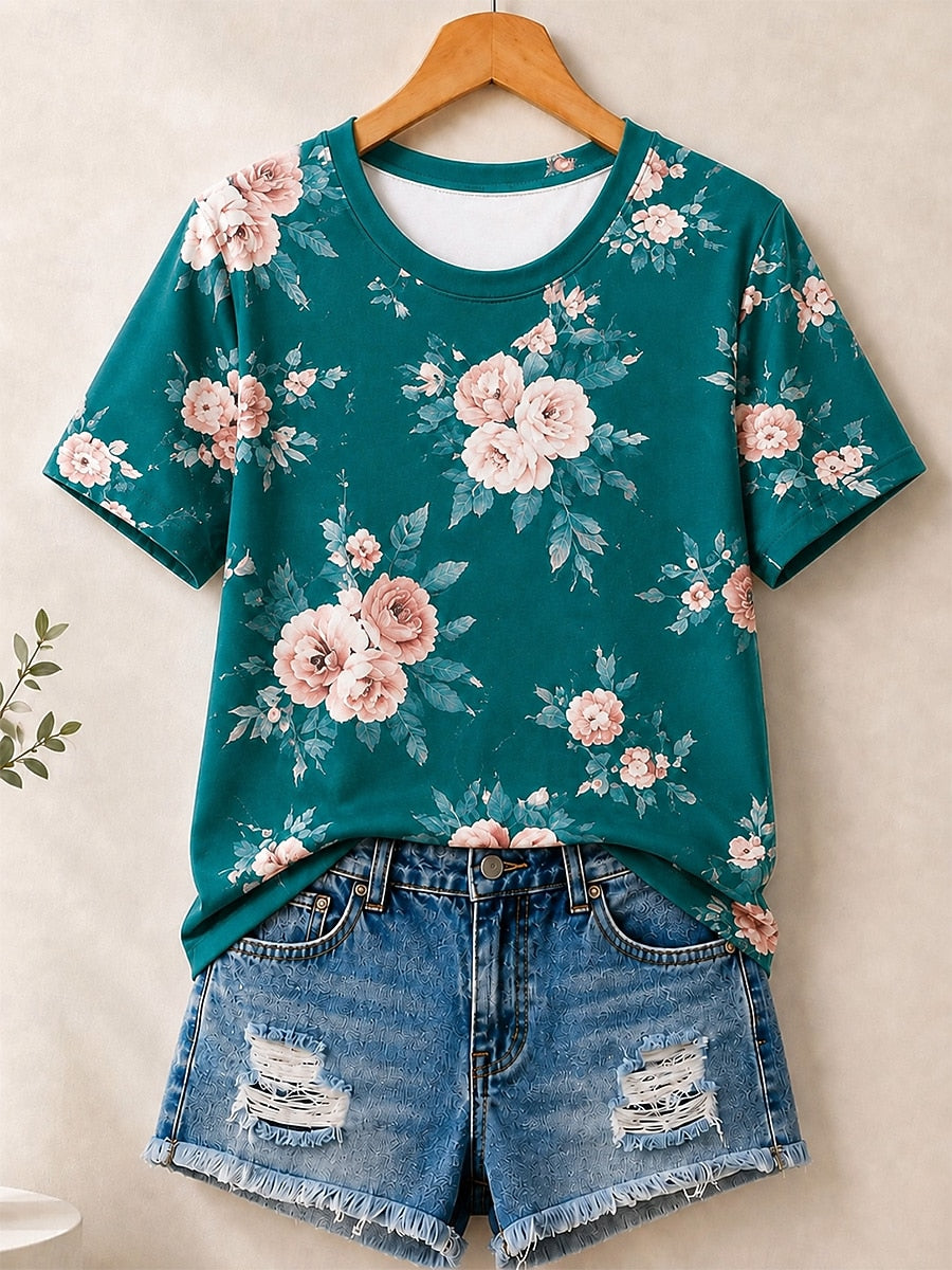 Floral Blossoms Allover Print women's cotton tee - Blue