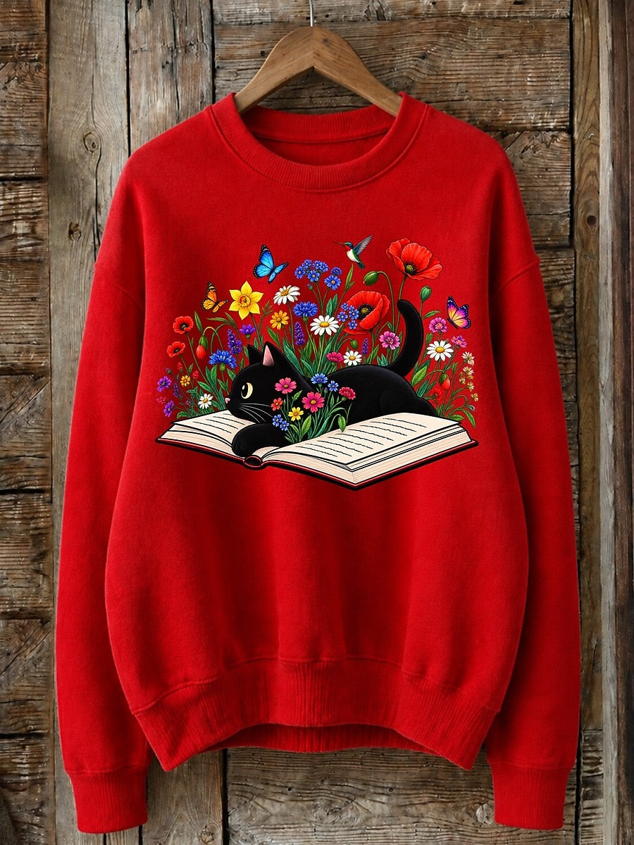 Cat Reading Among Wildflowers - Nature Story Cotton Blend Sweatshirt