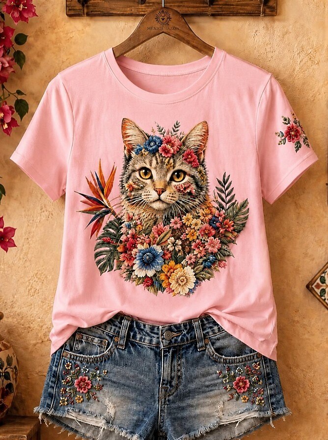 Cat Among Daisies And Bird Of Paradise - Nature Story Cotton Tee