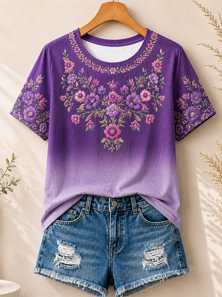Floral Embroidery Print women's cotton tee - Blue