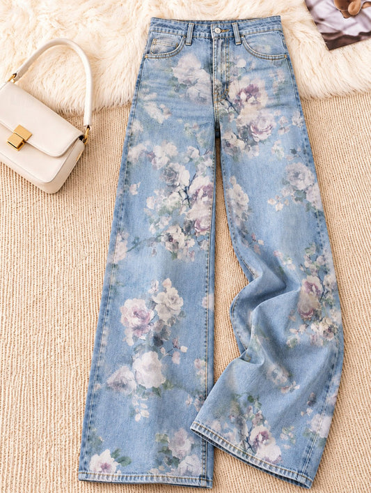 Scattered Floral Blossoms Wide Leg Jeans - Flora Women's Jeans