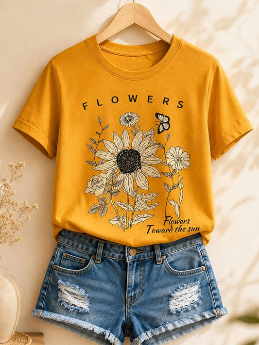 Flowers With Sunflowers And Daisies - Flora Cotton Tee