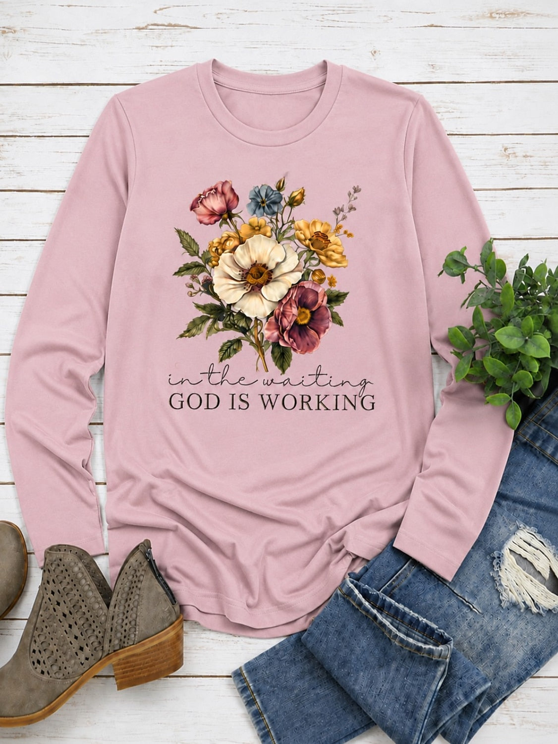 God Is Working In The Waiting With Floral Bouquet women's cotton long sleeve tee - Pink