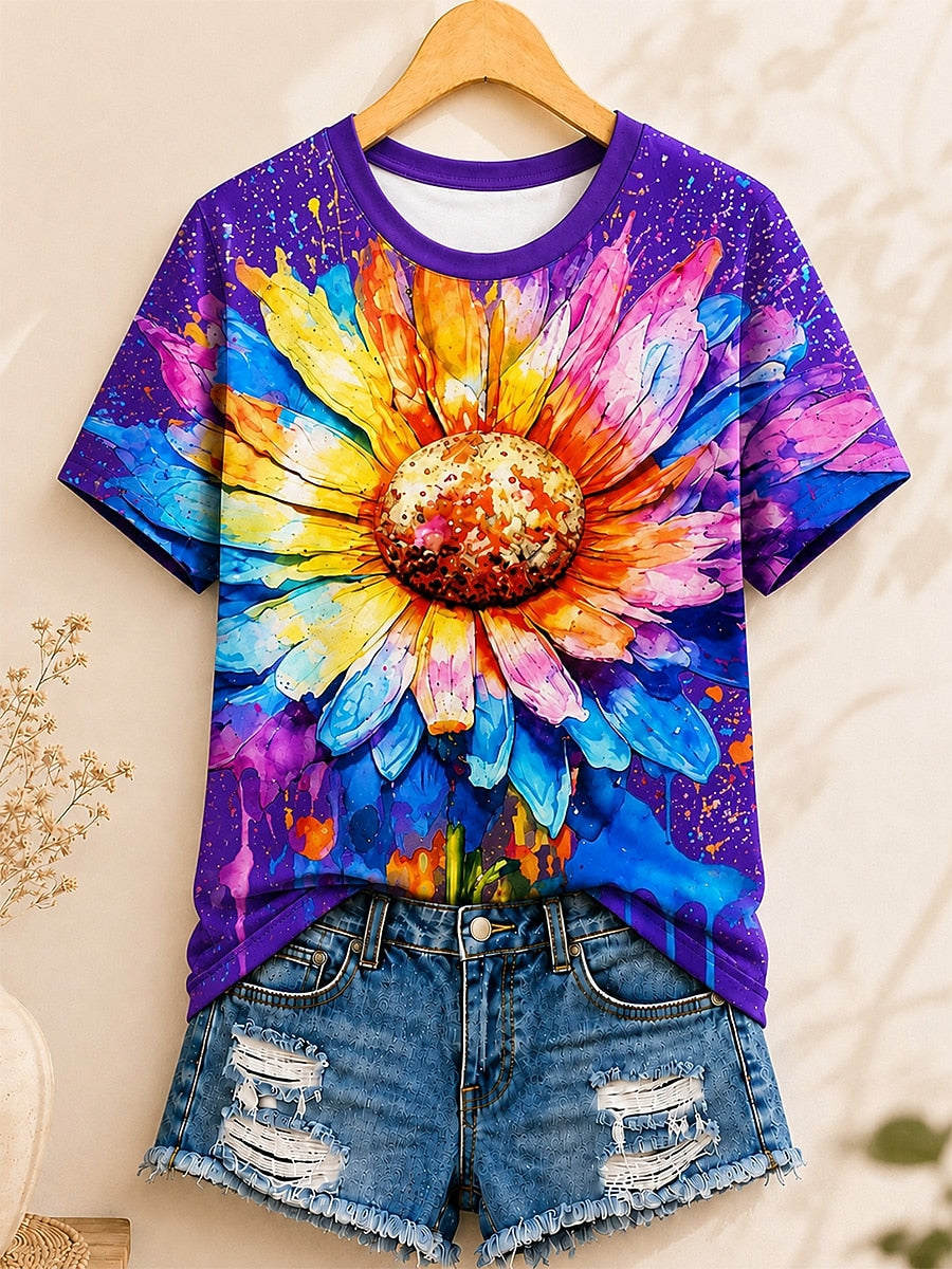 Watercolor Daisy Bloom women's cotton tee - Blue