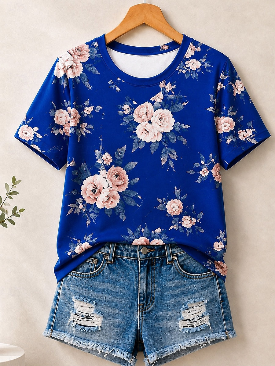 Floral Blossoms Allover Print women's cotton tee - Blue