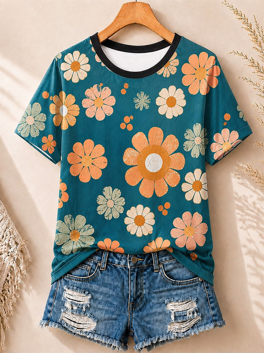 Retro Daisies Allover Print women's cotton tee - Blue