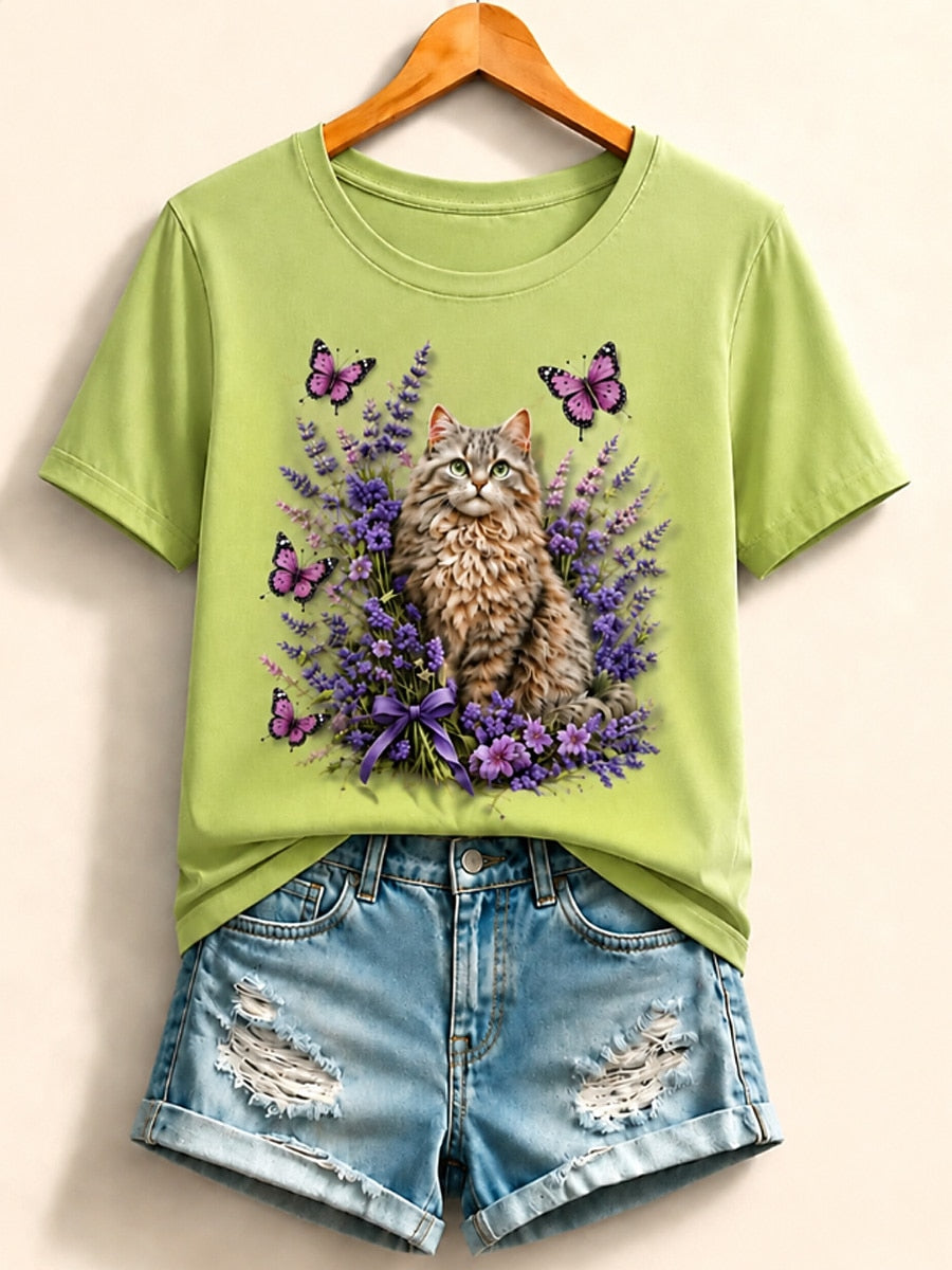 Green Floral Cotton Tee in Light Green