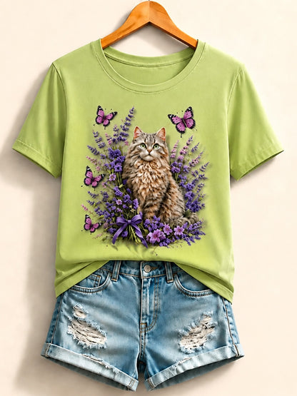 Green Floral Cotton Tee in Light Green