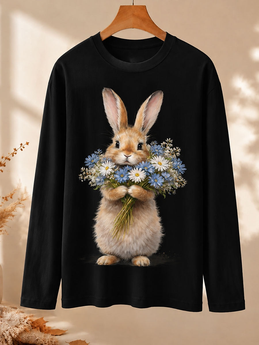 Rabbit With Daisy Bouquet - Nature Story Cotton Long Sleeve Tee