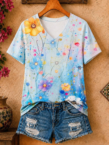 Watercolor Wildflowers Allover Print women's cotton tee - Blue