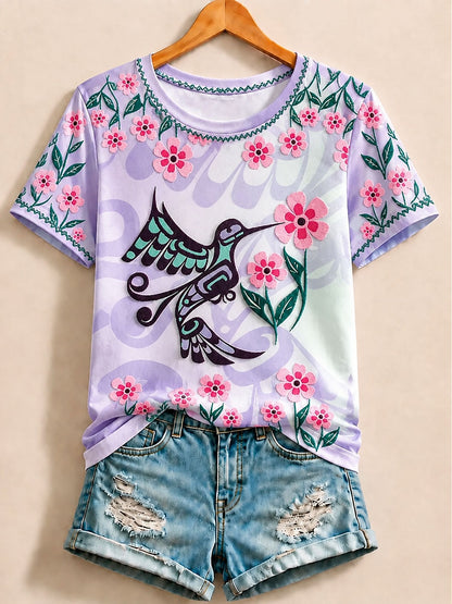 Purple Bird Cotton Tee in Blue