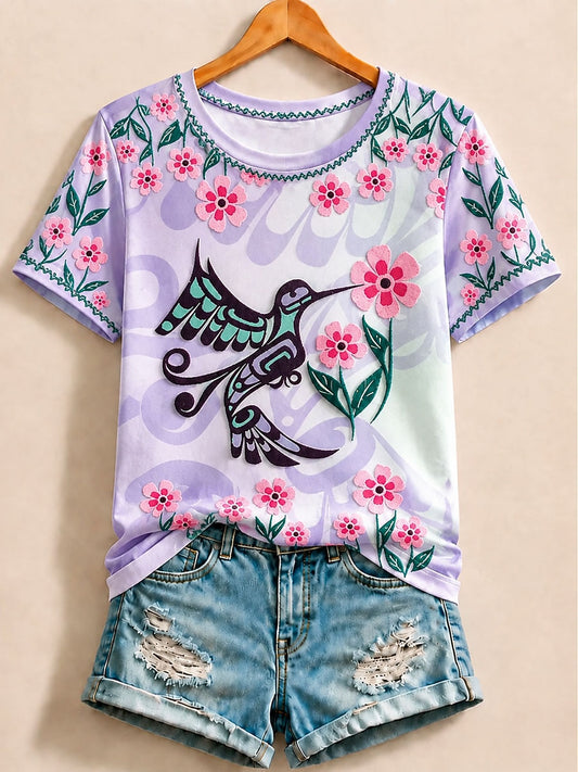 Purple Bird Cotton Tee in Blue