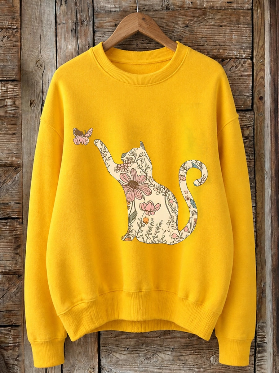 Floral Cat With Butterfly - Nature Story Cotton Blend Sweatshirt