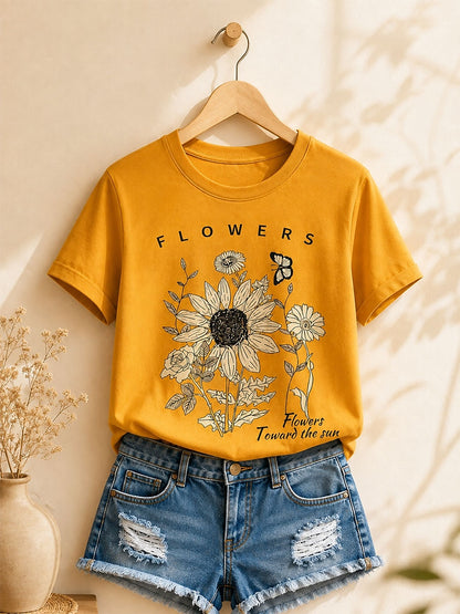 Sky Blue Botanical Tee in Green with beige