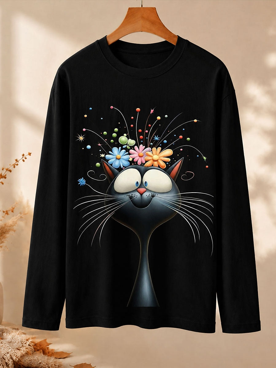 Whimsical Cat With Flowers - Nature Story Cotton Long Sleeve Tee