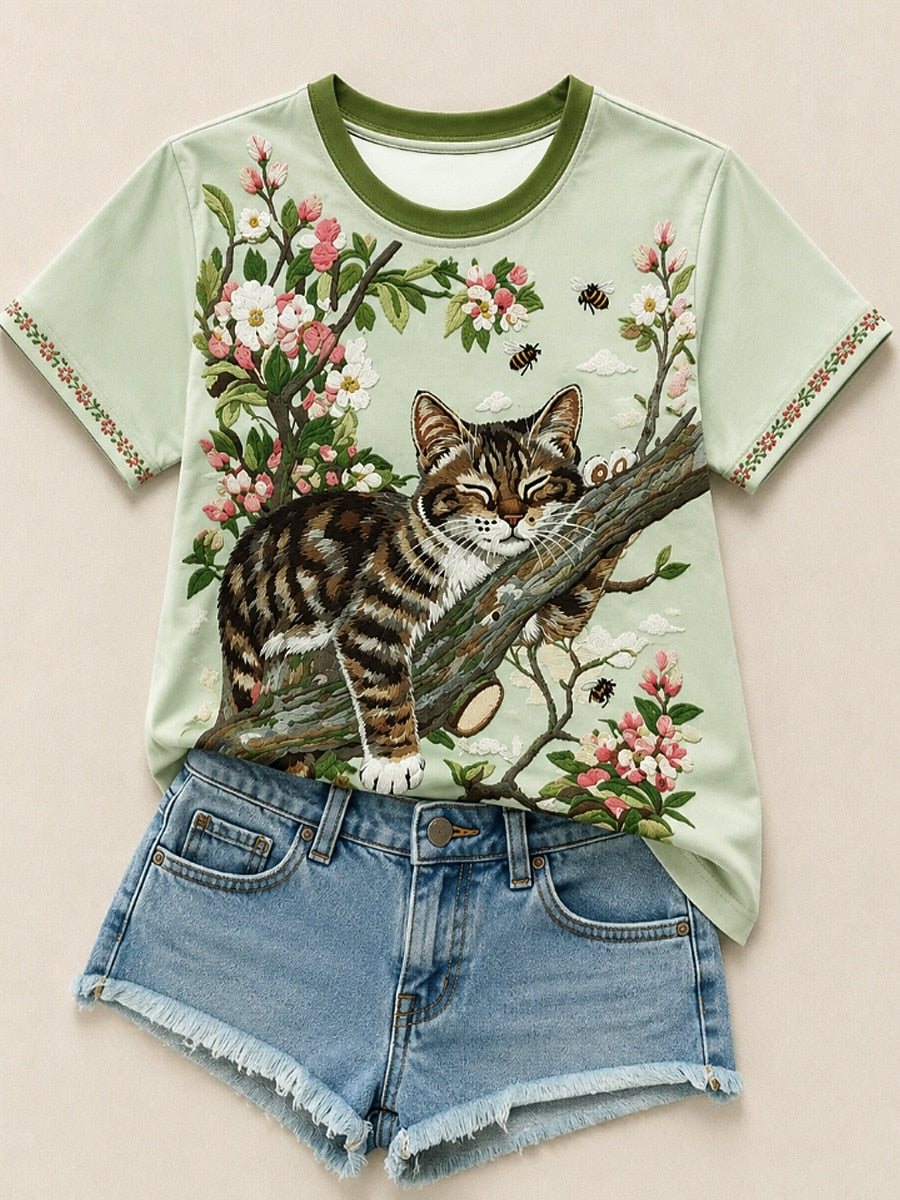 Cat Among Apple Blossoms - Nature Story Cotton Tee