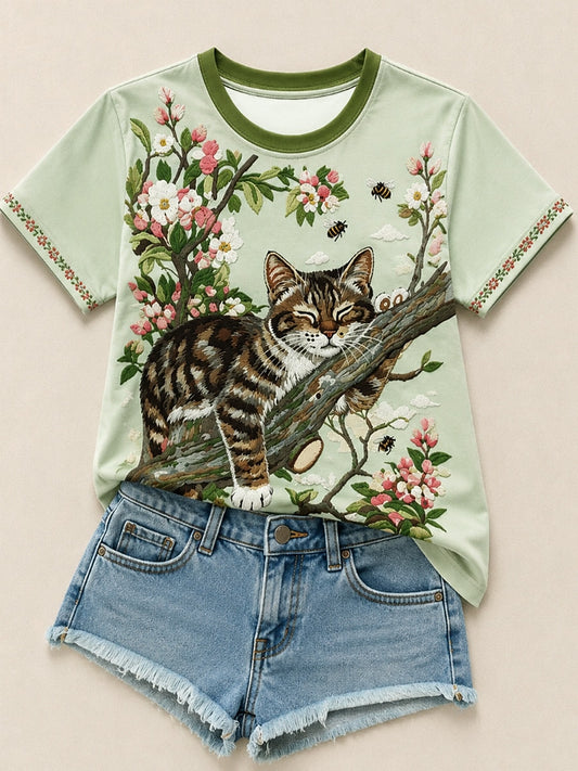 Green Floral Cotton Tee in Green