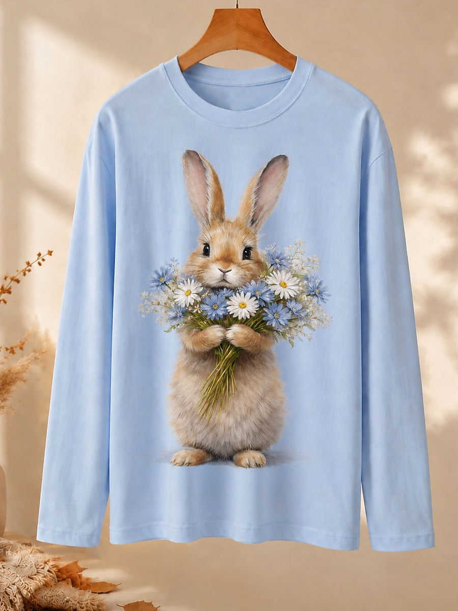 Rabbit With Daisy Bouquet - Nature Story Cotton Long Sleeve Tee