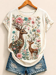 Deer Family Among Peonies - Nature Story Cotton Tee