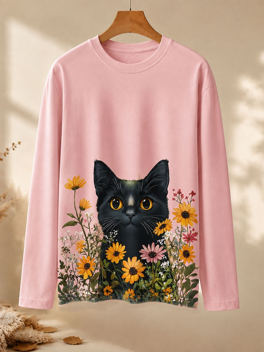 Cat Among Daisies - Nature Story Cotton Long Sleeve Tee