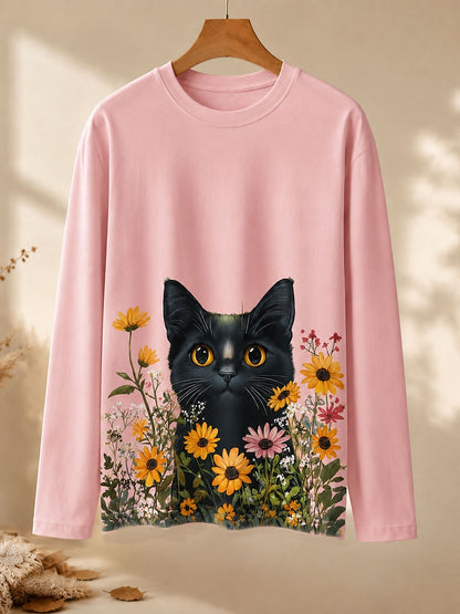 Cat Among Daisies - Nature Story Cotton Long Sleeve Tee