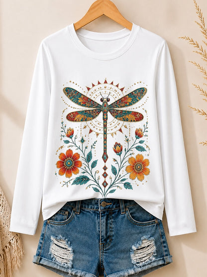 Dragonfly Among Wildflowers women's cotton long sleeve tee - White