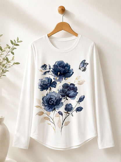 Blue Floral Cotton Tee in Blue