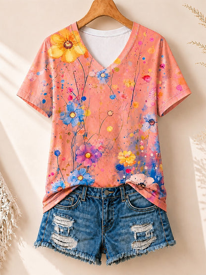 Watercolor Wildflowers Allover Print women's cotton tee - Blue