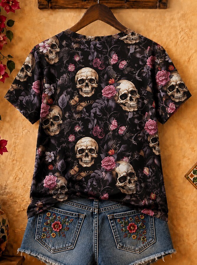 V-Neck Floral Skull - Flora Cotton Tee