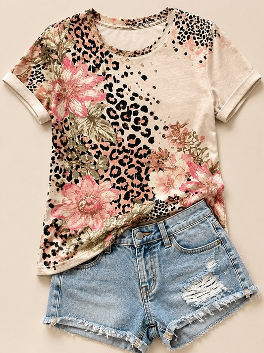 Beige Floral Cotton Tee in Light Beige