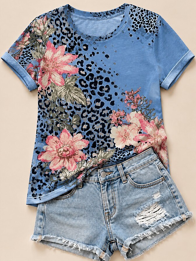 Pfingsrosen mit Leopardenmuster – Flora Baumwoll-T-Shirt