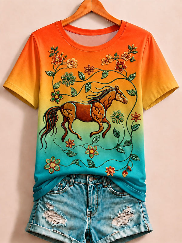 Horses Among Wildflowers - Nature Story Cotton Tee