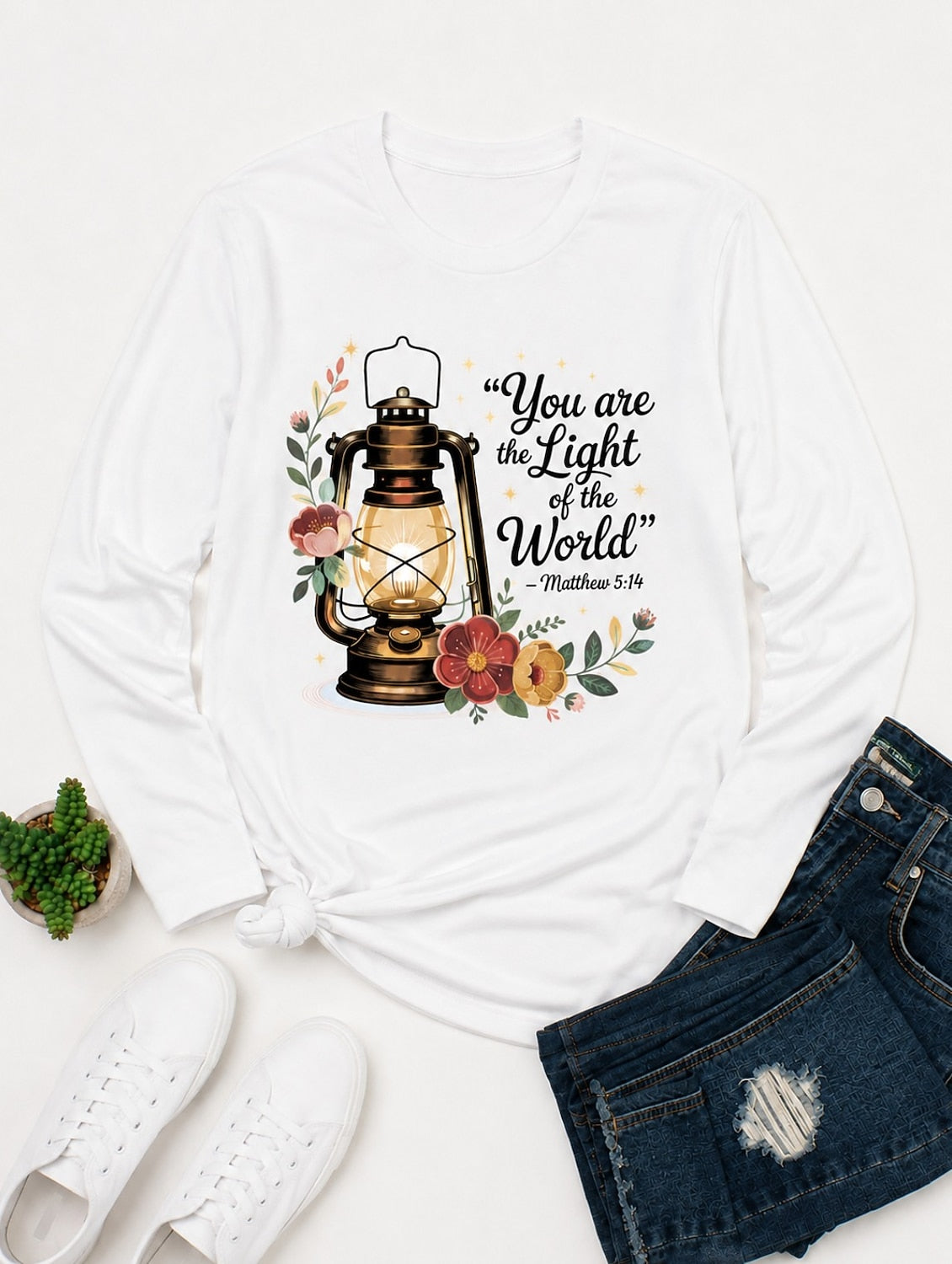 You Are The Light Of The World With Lantern And Flowers women's cotton long sleeve tee - White