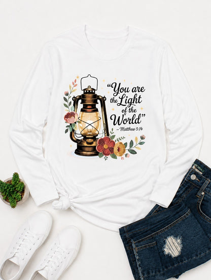 You Are The Light Of The World With Lantern And Flowers women's cotton long sleeve tee - White