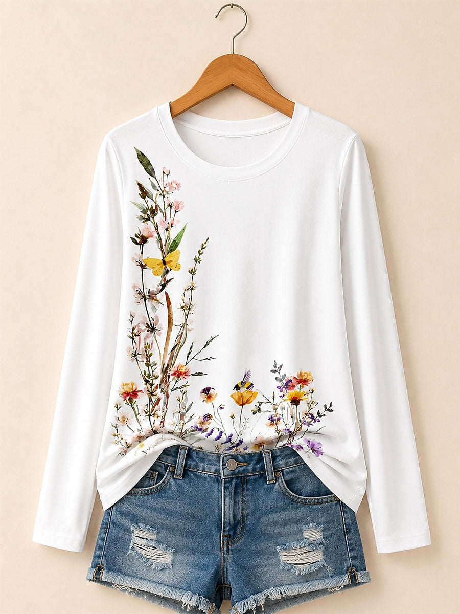 Red Floral Cotton Tee in White