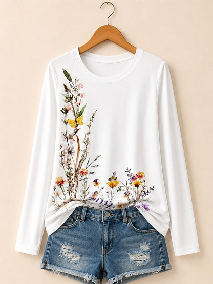 Red Floral Cotton Tee in White