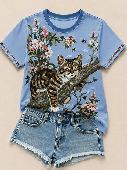 Cat Among Apple Blossoms - Nature Story Cotton Tee