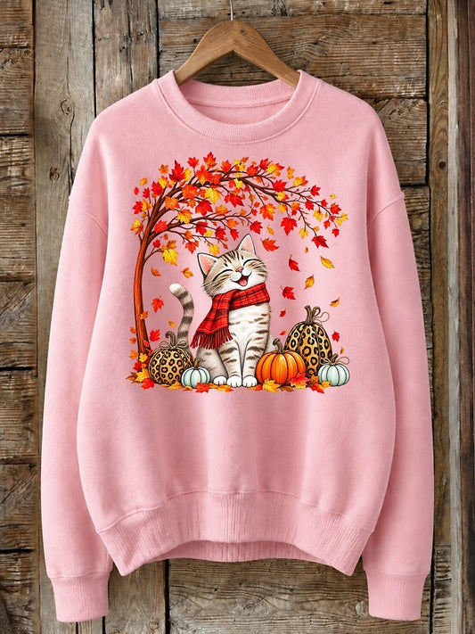 Cat Under Maple Tree With Pumpkins - Nature Story Cotton Blend Sweatshirt