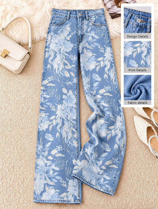 Floral Border Detail Wide Leg Jeans - Flora Women's Jeans