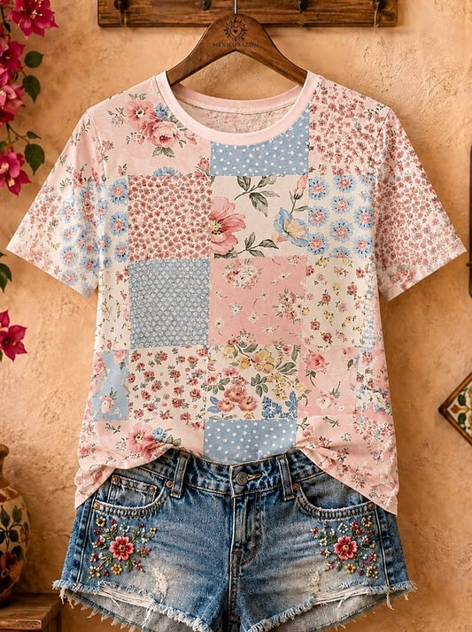Pink Floral Cotton Tee in Pink