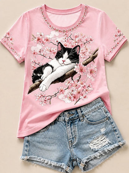 Cat Among Cherry Blossoms - Nature Story Cotton Tee