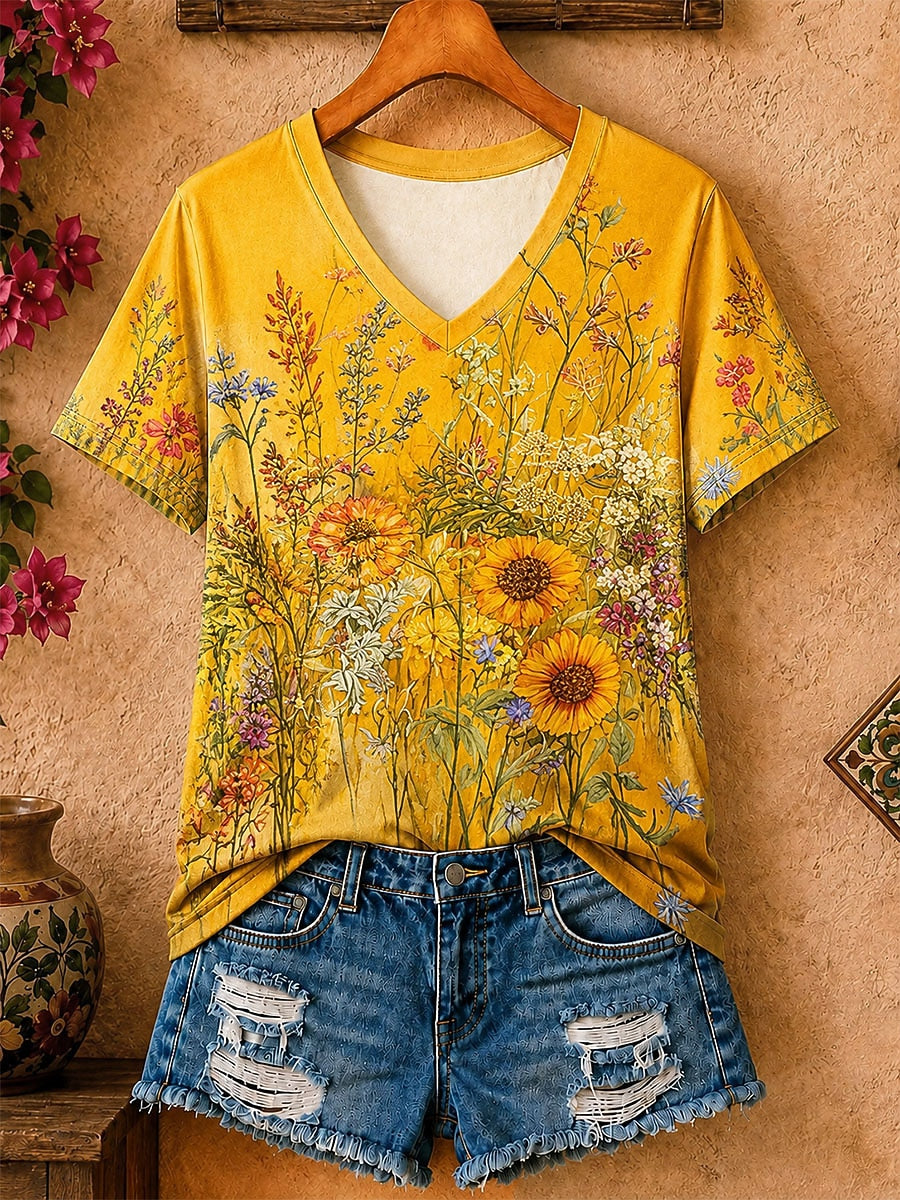 Sunflowers And Wildflowers women's cotton tee - Blue