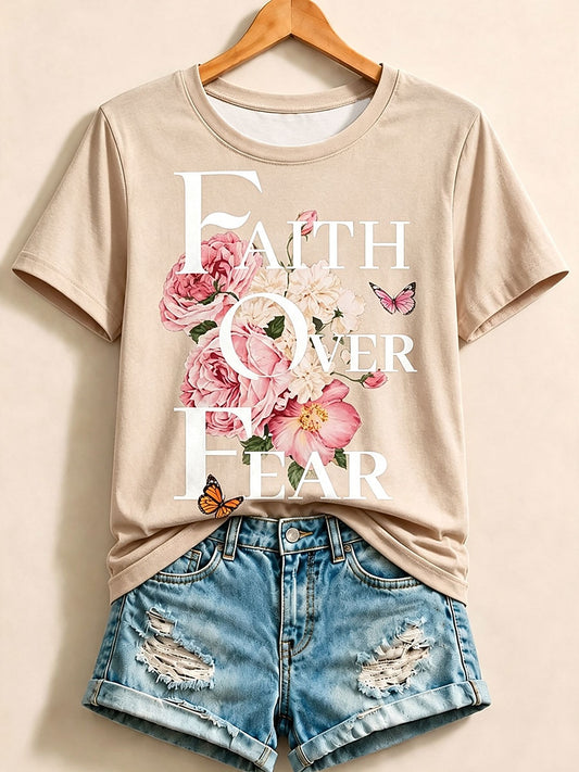 Blue Floral Letter Tee in Apricot