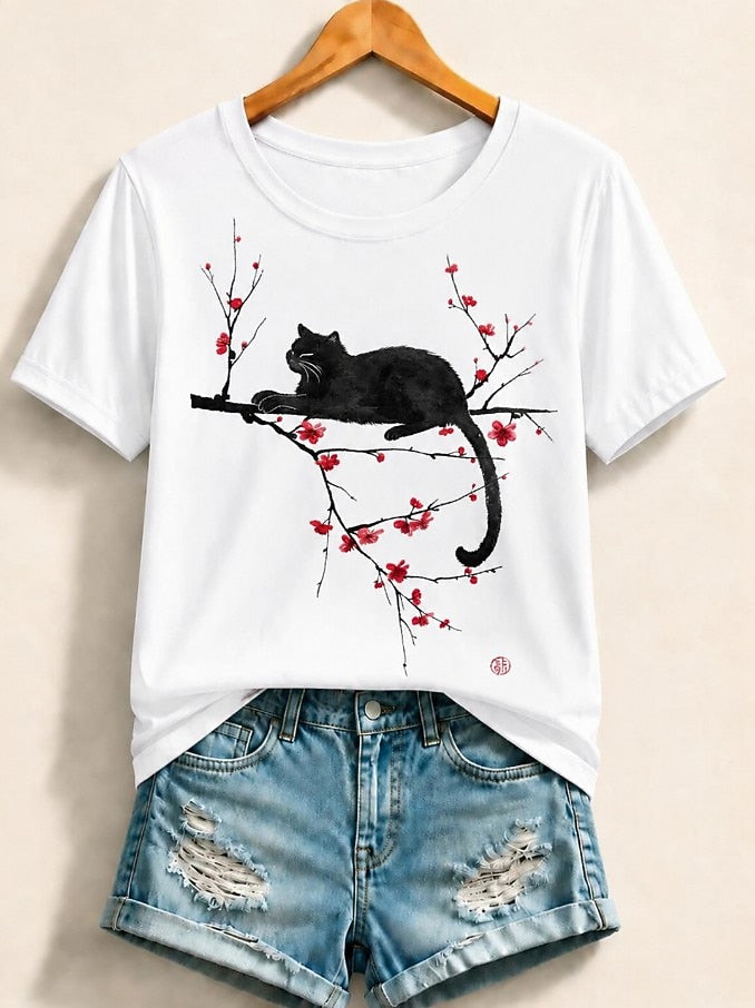 Cat Graphic Cotton Tee in White