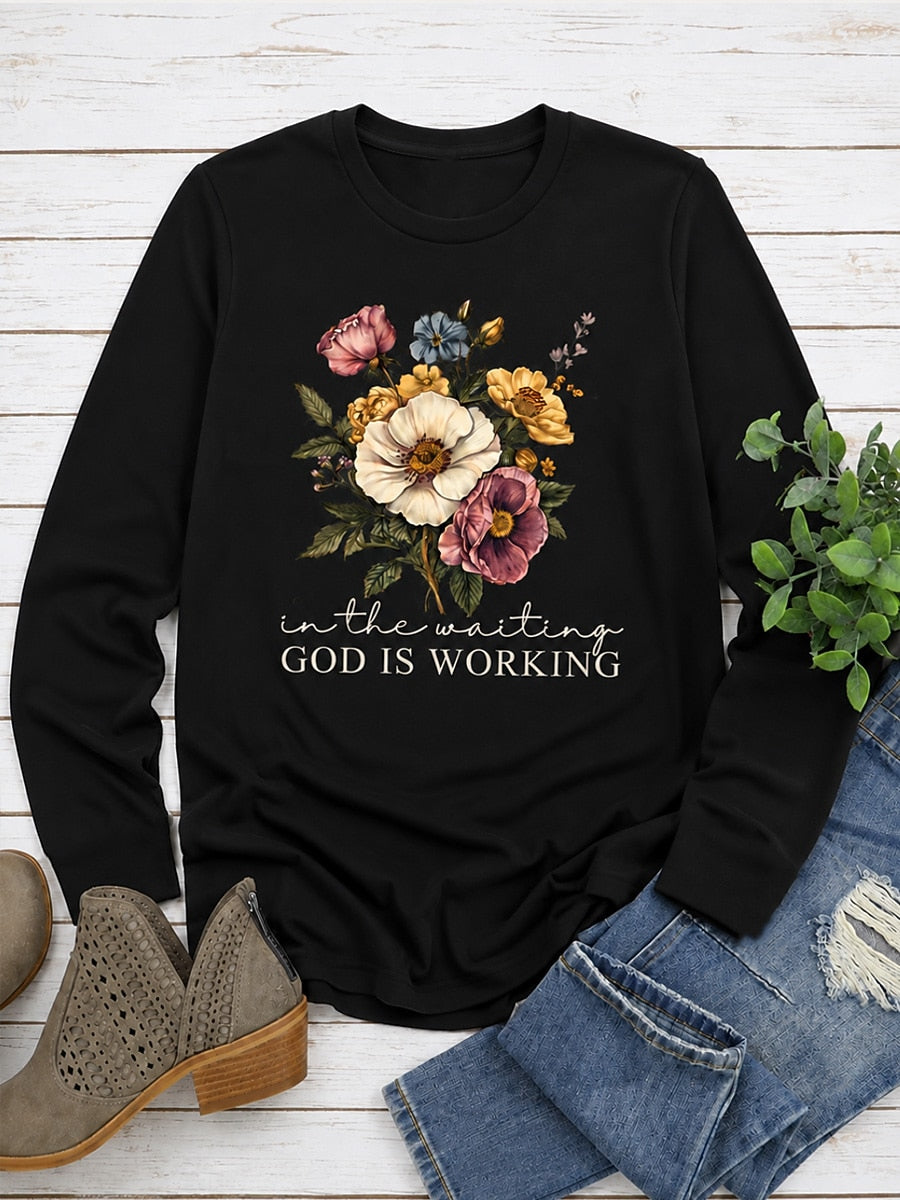 God Is Working In The Waiting With Floral Bouquet women's cotton long sleeve tee - Black