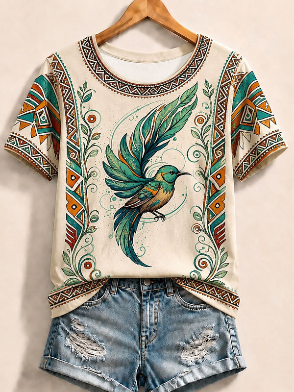 Vintage Hummingbird Among Trumpet Flowers - Nature Story Cotton Tee