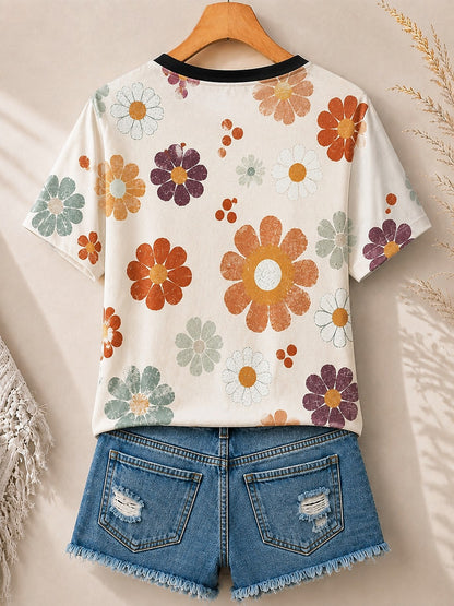 Retro Daisies Allover Print women's cotton tee - Blue