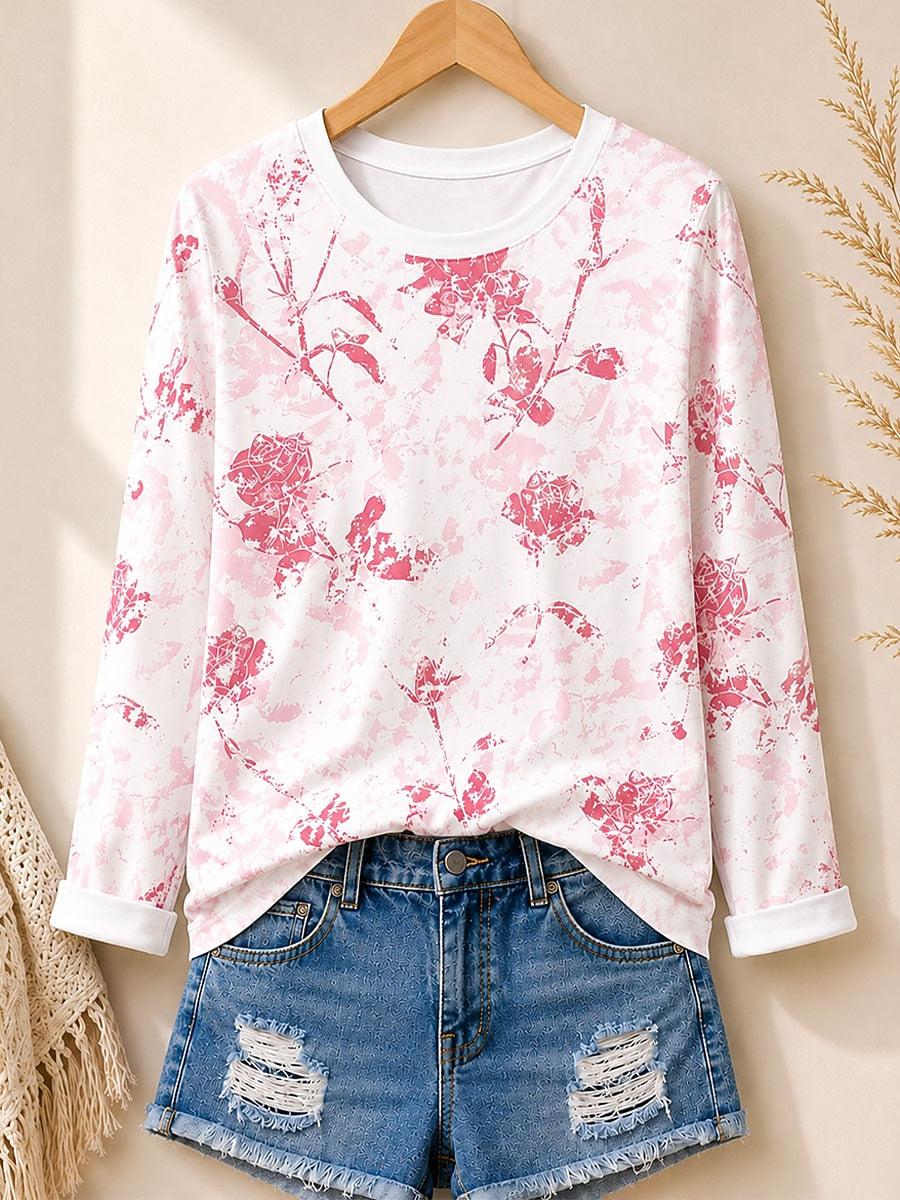 Distressed Floral Blossoms women's cotton long sleeve tee - Pink